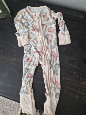 Cream One-Piece Footie with Pastel Bunny Print